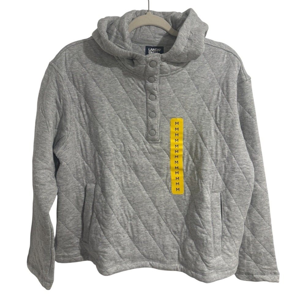 Lands End Womens Quilted Snap Neck Hoodie Heather Gray M Pullover Sweatshirt‎
